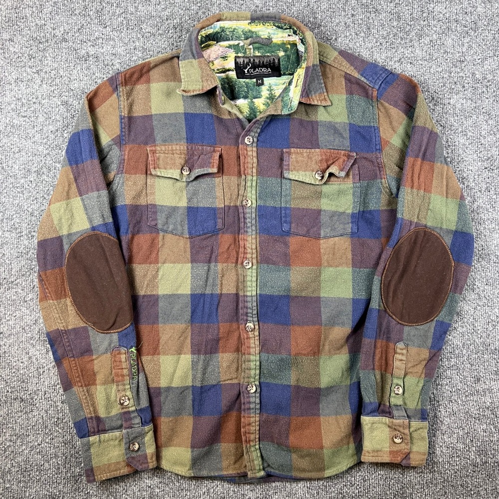 Pladra Flannel Shirt Mens M Plaid Long Sleeve Button Up Elbow Patches USA Made